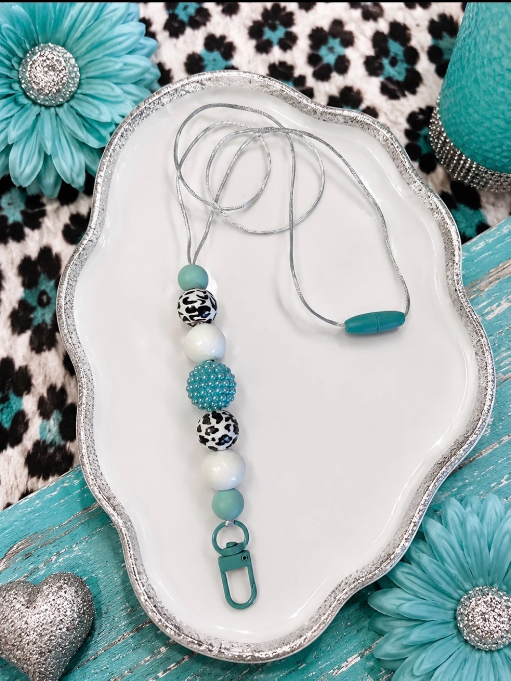 Hand Crafted Teal, White & Black Beaded Lanyard Key/Card Holder